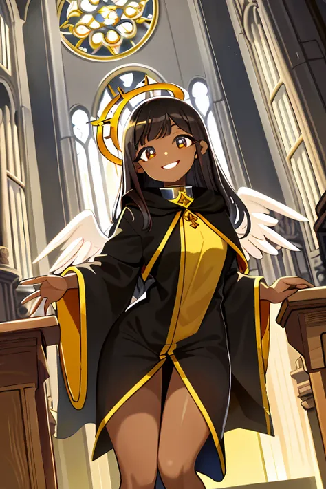 Masterpiece, Best quality, Bright and playful eyes, Detailed pupils, god light, rays of sunshine, inside a church, Smiling, Big smile, 1girll, solofocus, (angel:1.2), Halo, Aura, magic, Yellow eyes, (dark skinned female:1.2), religious robes, Latin cross