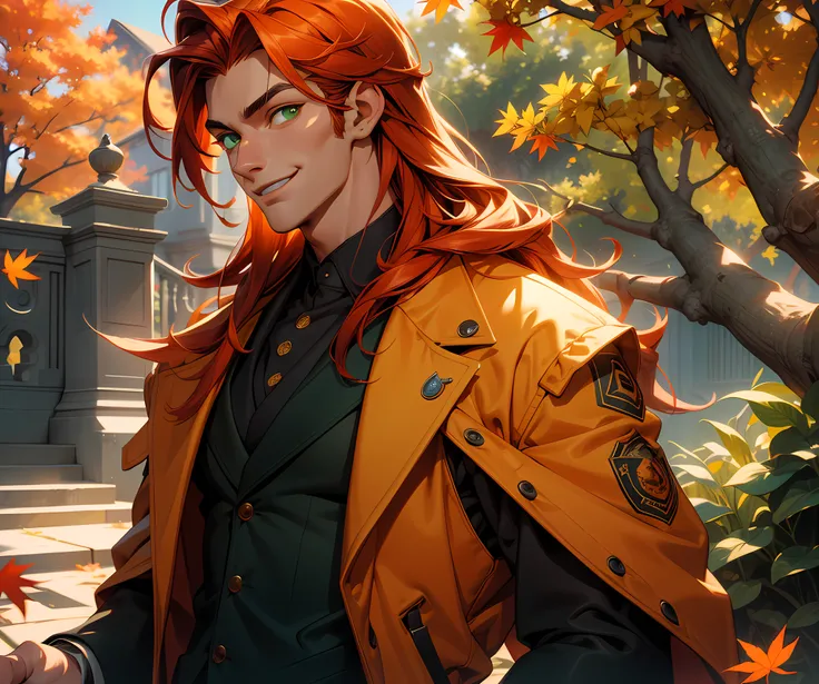 (absurdres, highres, ultra detailed), 1 male, adult, handsome, tall, long orange hair, finely detailed green eyes and detailed f...