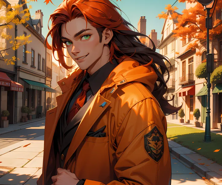 (absurdres, highres, ultra detailed), 1 male, adult, handsome, tall, long orange hair, finely detailed green eyes and detailed f...