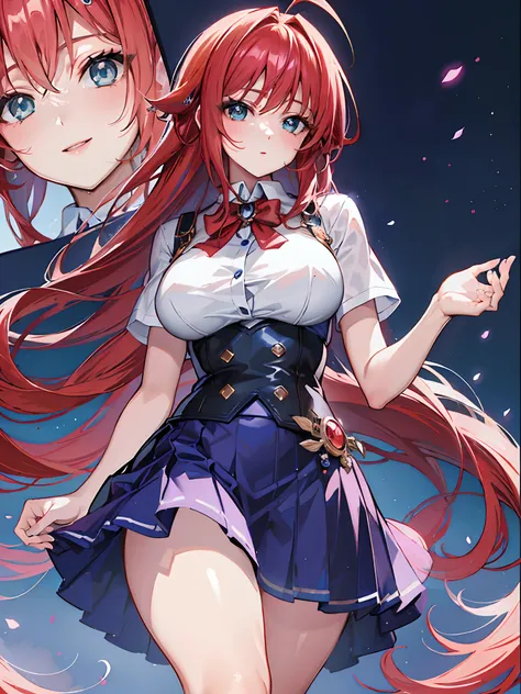 chica anime con cabello rojo y ojos azules en una falda corta, rias gremory, marin kitagawa fanart, tendencias en artstation pix...