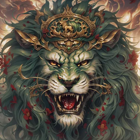 chinese mythology and stories，journey，the green haired lion king，close-up of oversized lion's head，front close-up，closeup cleava...