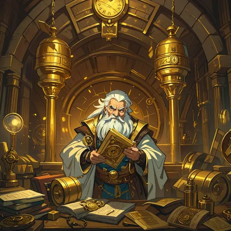 an old man, a dwarf with white steampunk hair, she is in a large temple full of gold, like a financial bank, a banker, and papers and scrolls;, medieval magic technology portray with steampunk creativity he uses a magical technology costume RPG character a...