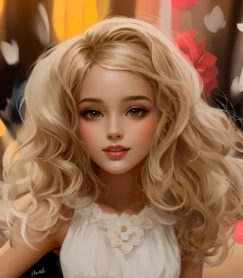 boneca de cabelo loiro com um vestido branco e colar e sorrindo, lindo pintura digital, painting digital adorable, digital paint...