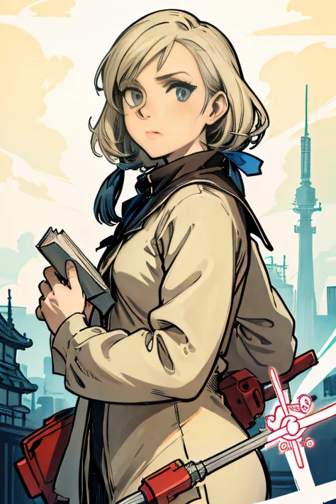 anime character with gun and book in hand, kantai collection style, female protagonist 👀 :8, official art, full color manga cove...