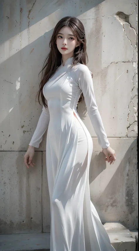 photorealistic, high resolution, 1women, solo, hips up, look at viewer, (detailed face), white aodai, jewelry