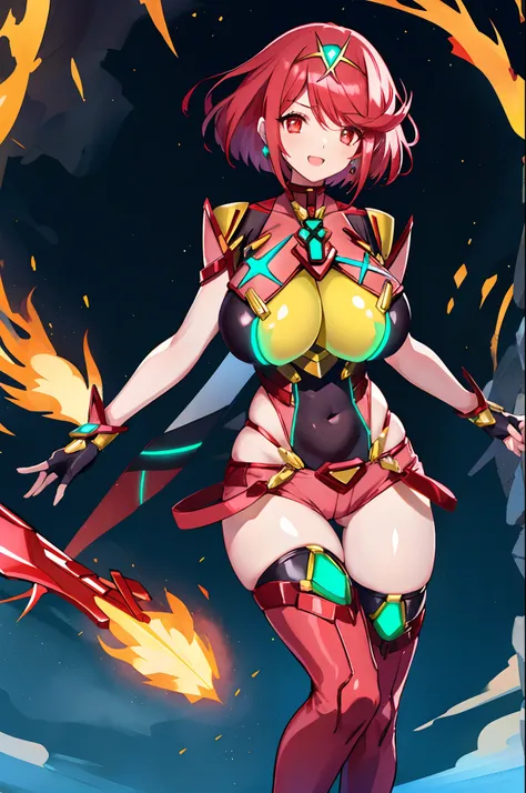 pyra (xenoblade), teen_1girl, armor, bangs, black gloves, breasts, red eyes, closed mouth, earrings, eyelashes, fingerless gloves, floating hair, framed breasts, gem, gloves, hair ornament, headpiece, jewelry, big_breasts, leaning back, leotard, neon trim,...