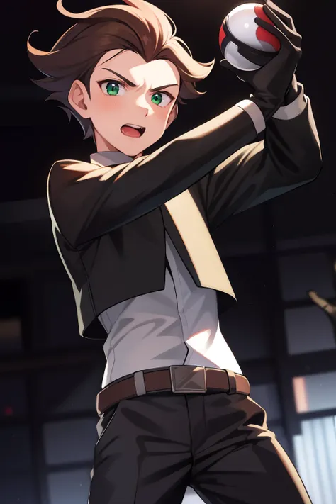 nffsw, 1boy, man's, james, brown hair, green eyes, gloves, pants, dynamic pose, have a poké ball, solo,