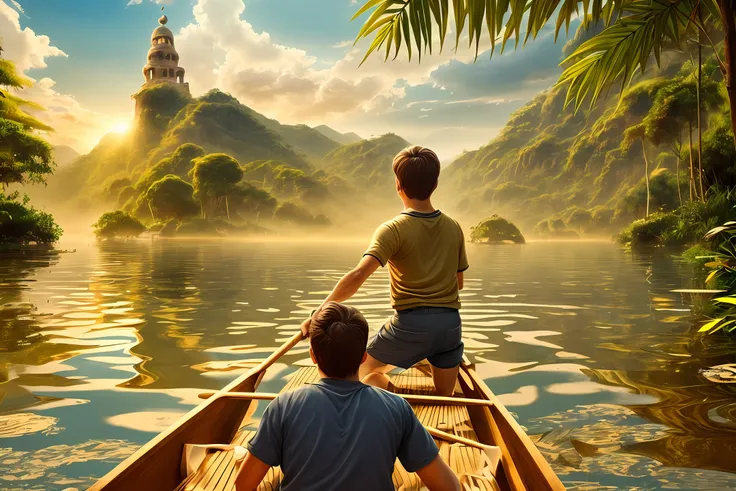 one beautiful boy rowing the boat with only a beautiful girl in golden water found  the lost city of gold in golden jungle reals...