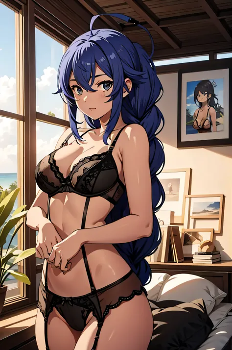 1girl, Roxy Migurdia, olhos azuis, cabelos azuis, chapeu de bruxa, Twin Braid, braided ponytail, Ahoge, sexy, bunda sexy, ((corpo todo)), sexy, sexy position, lasciva, Olhando para o Viewer, sorrir, Ao ar livre, sol, (lingerie:1.8), consertar, sentado na ...