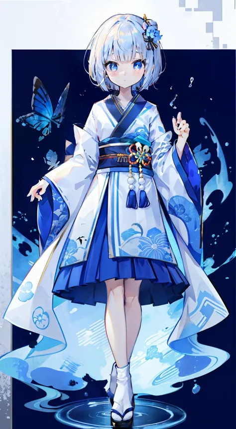 standing picture、full bodyesbian、frontage、blue hairs、blue eyess、kimono dresses、a japanese style、white backgrounid、straight face、...