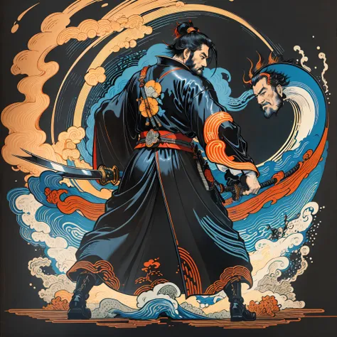 It is a full-body painting with natural colors with Katsushika Hokusai-style line drawings. O espadachim Miyamoto Musashi tem um grande corpo como um homem forte. Samurai of Japan. He has a dignified expression, mas viril, of determination, cabelos pretos ...