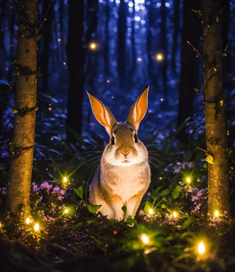 close up photo of a rabbit in an enchanted forest, nighttime, fireflies, volumetric fog, halation, bloom, dramatic atmosphere, c...