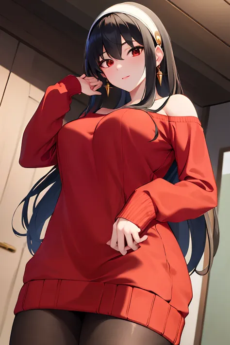 masterpiece, best quality, highres, bbyorf, long hair, white hairband, red eyes, gold earrings, large breasts, jewelry, off shoulder, red sweater, sweater dress, long sleeves, black pantyhose, cowboy shot, standing, from below