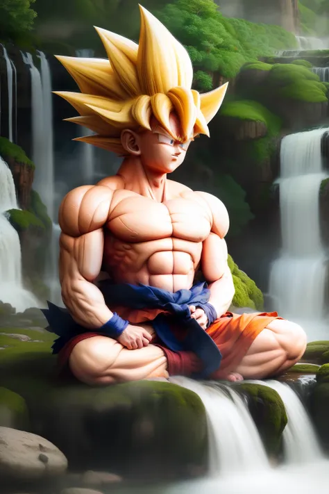 goku meditates on a waterfall, enveloped by nature's embrace. in 2023