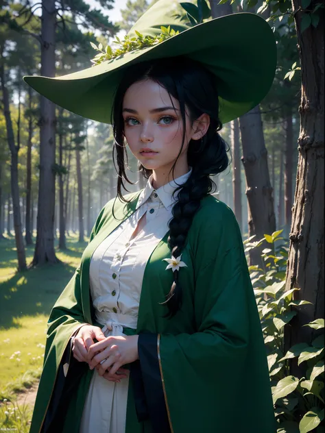 (simple green witch robe and big green shirt,cute girl with simple green witch big hat and braid, cute black hair girl, approx.1...