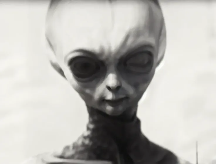 There is a black and white photo, zoom on alien face, Grey alien, alien looking, Gray alien, Grey aliens, extraterrestre, portrait of a grey alien, extraterrestial, ufo aliens, Alien features, realistic alien, Extraterrestres