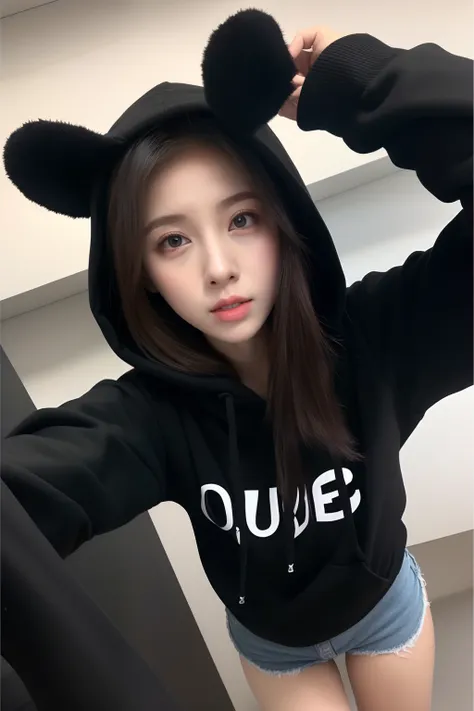 1girll，looking down on the camera，huge tit，black   hoodie，no shorts，no pant，pantiess，upper legs，black hair，