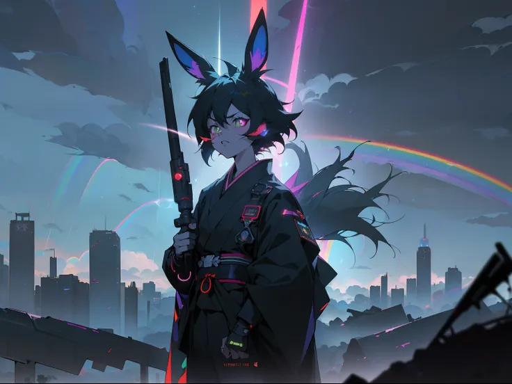 (((a group of rabbit superheroes fly over the starlight cloud dimension))),((holding light saber))， (((cyberpunk bleak dark blac...