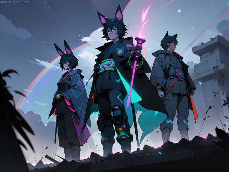 (((a group of rabbit superheroes fly over the starlight cloud dimension))),((holding light saber))， (((cyberpunk bleak dark blac...