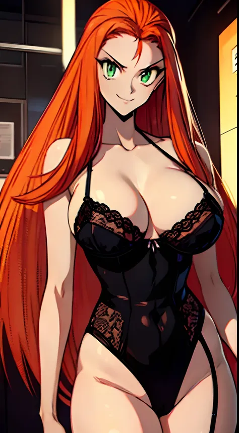 ((masterpiece)), ((best quality)), ultra detailed, detailed background, orange hair, long hair , green eyes, thin eyes, extreme ...