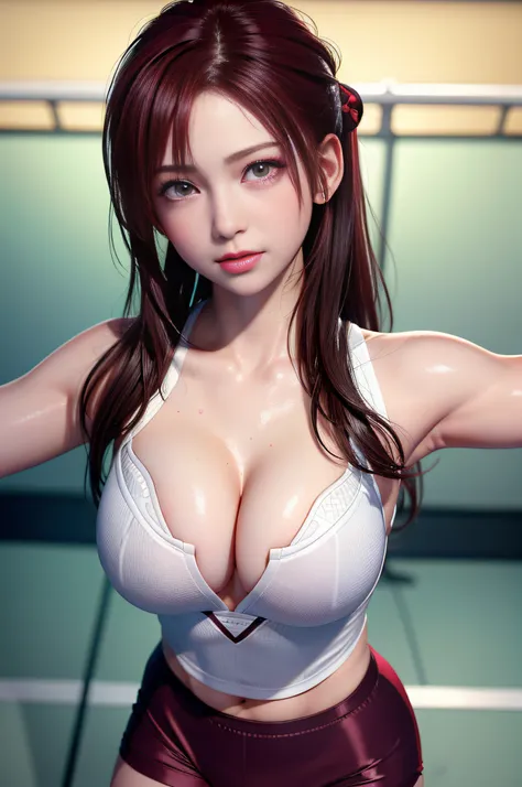 masterpiece:1.2, best quality), realistic, (real picture, intricate details, depth of field), (1girl, solo), make up, parted lips, highly-detailed, perfect face, (large breasts:1.4), , small waist, perfect body, fair skin,open cloth, cleavage, tall, glossy...