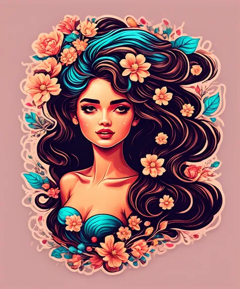 um close up de uma mulher com cabelos longos e uma coroa de flores, in illustration style digital, estilo de arte vetorial, beau...