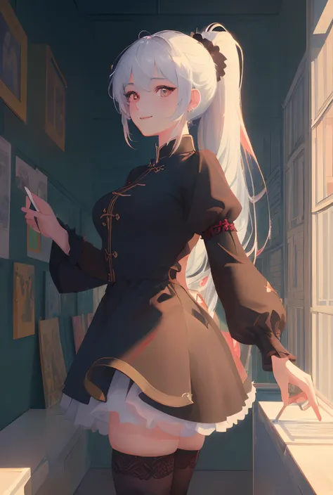 art by Cornflower, dreamy,(masterpiece,best quality,1girl,Amazing,beautiful detailed eyes,finely detail,Depth of field,extremely detailed CG,original, extremely detailed wallpaper,china town,bent over,black_thighhighs,china dress,red eye,white hair,outstre...