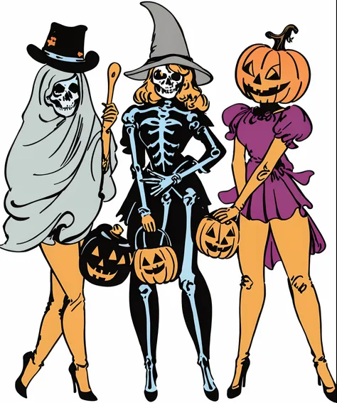 Three women in costumes and hats holding pumpkins, halloween art style, halloween theme, Halloween, in a halloween style, Trick or Treat, halloween night, halloween celebration, All skeletons, Costumes, skeletal figures, skullgirls, halloween atmosphere, s...