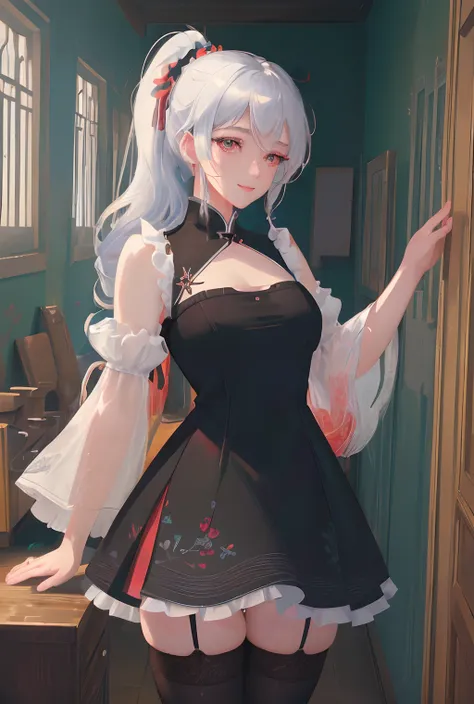 art by Cornflower, dreamy,(masterpiece,best quality,1girl,Amazing,beautiful detailed eyes,finely detail,Depth of field,extremely detailed CG,original, extremely detailed wallpaper,china town,bent over,black_thighhighs,china dress,red eye,white hair,outstre...