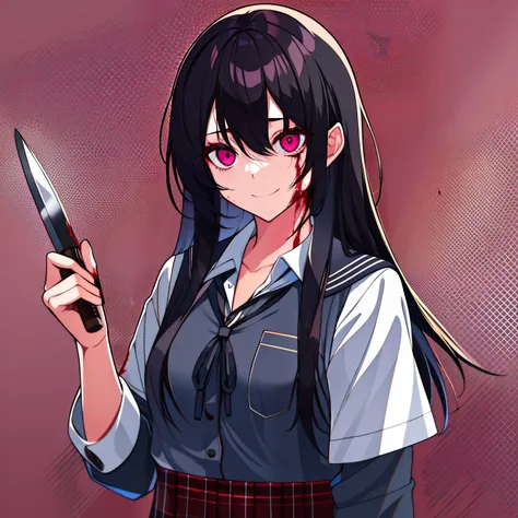 teenage female with black hair, unkept hair, messy hair, messy clothing, insane eyes, in a schoolgirl outfit, antisocial, eye sh...