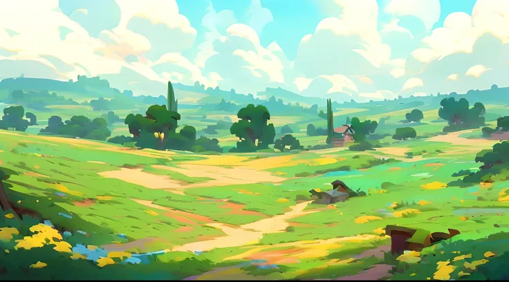 in the distance there is a painting of fields and houses, background artwork, arte de fundo, field background, anime countryside...