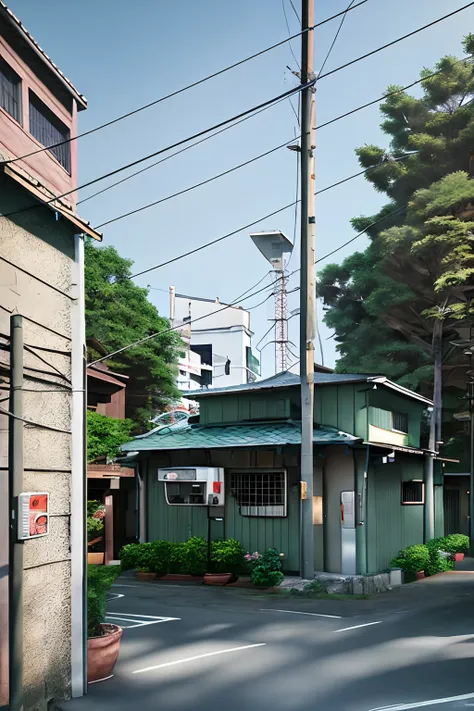 sunny day, city, japan architecture building, pole, (car), trees on pots, (hdr:1.25), (intricate details:1.14), (hyperrealistic ...