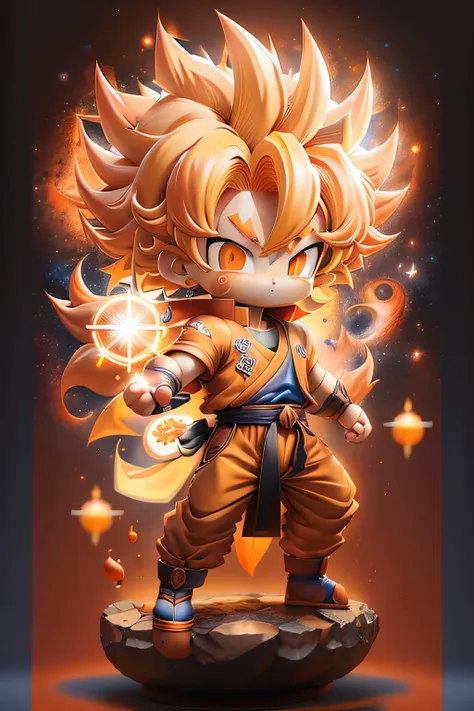 son goku, super saiyan, yellow hair, chibi, blue shirt, looking at viewer, card background, galaxy, wearing a orange martial art...