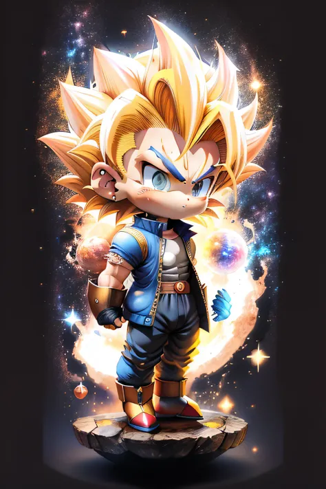 vegeta, super saiyan, yellow hair, chibi, blue shirt, looking at viewer, card background, galaxy