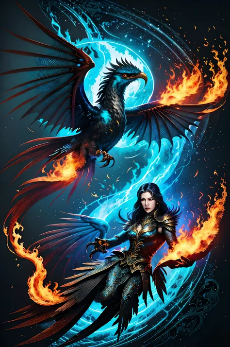 Someone is drawing a picture of a bird with fire and flames, artwork of a phoenix, Phoenix Dragon, Highly detailed illustration, blue phoenix bird, rossdraw desenho animado vibrante, Rossdraw 2. 5, :: Ross, mytical creature, concept art design illustration...