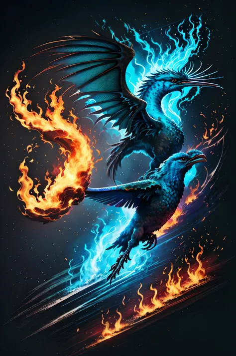 Someone is drawing a picture of a bird with fire and flames, artwork of a phoenix, Phoenix Dragon, Highly detailed illustration, blue phoenix bird, rossdraw desenho animado vibrante, Rossdraw 2. 5, :: Ross, mytical creature, concept art design illustration...
