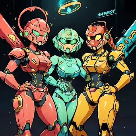 a scene of space rangers standing confident,  ((similar but not limited to (metroid prime), (halo), (doom eternal), (mighty morp...