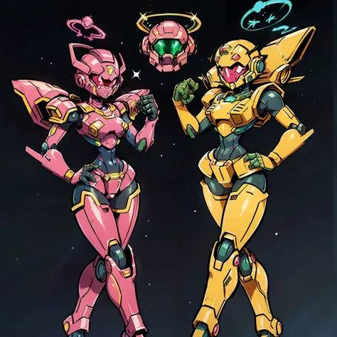 a scene of space rangers standing confident,  ((similar but not limited to (metroid prime), (halo), (doom eternal), (mighty morp...