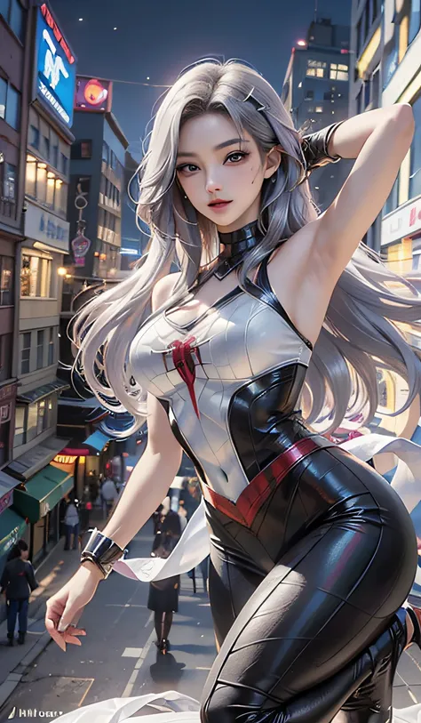 （tmasterpiece，4k分辨率，ultra photo realsisim，the is very detailed），（white superhero theme，glamorous，there's a girl on top of town，w...