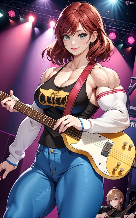 （tmasterpiece， best qualityer， a high resolution：1.2）， 1girll， 独奏，crewneck，（electric guitar：1.6）， rock fashion， muscular female,...