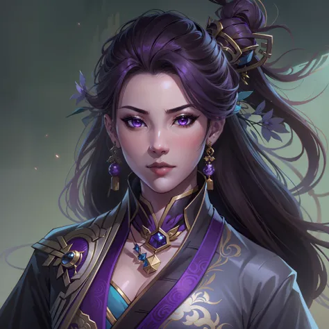 a close up of a strong amazon woman in her 30s, with purple eyes and grey-brown hair, wearing a black and purple ball gown dress, a heroine with purple eyes, martial artist holding polearm, standing in a chinese temple, new costume concept design, in the s...
