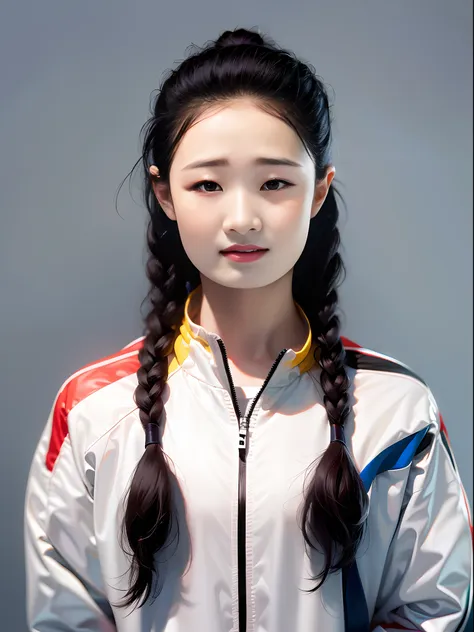 chinese female high school student，wearing pvc red game suit，there are zippers，greybackground