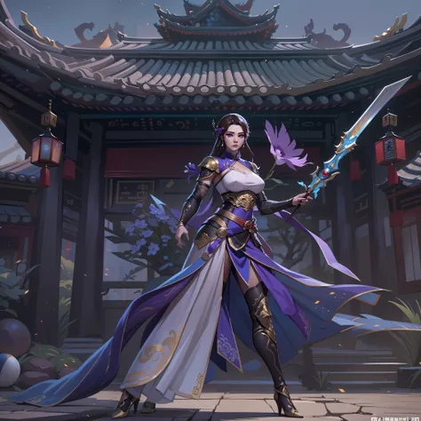 a close up of a strong amazon woman in her 30s, with purple eyes and grey-brown hair, wearing a black and purple ball gown dress, a heroine with purple eyes, martial artist holding polearm, standing in a chinese temple, new costume concept design, in the s...
