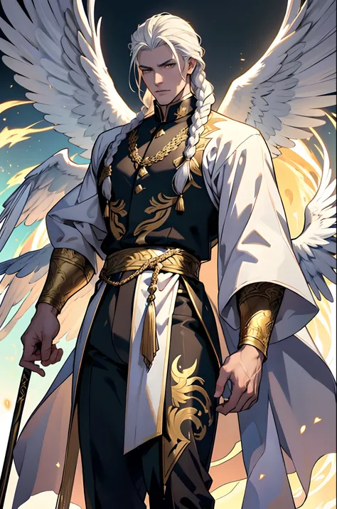Caius is a handsome male, stands at 7ft tall. He has an athletic body structure. He wears royal attire thats silver and gold. He has beautiful long white silky hair and a golden eye color. He is seen with a staff. He has huge white wings. A big bulge in hi...