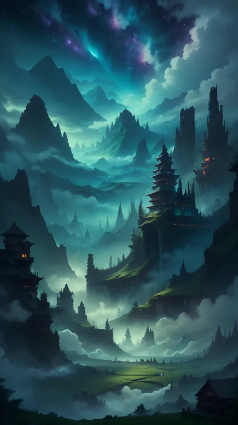 Land of the dead, mountains, dark green fog, Night sky