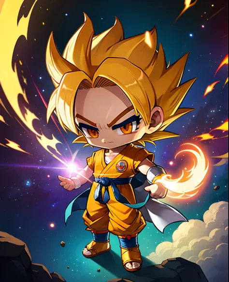 best quality, masterpiece, son_goku_\(dragon ball\), super saiyan, solo, chibi, best ratio for fingers and one thumb, yellow hai...