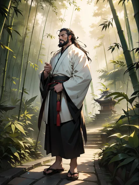 deep in the bamboo forest, chinese ancient times，raining day, a middle-aged male, 50yearsold, with a beard，long whitr hair，dress...