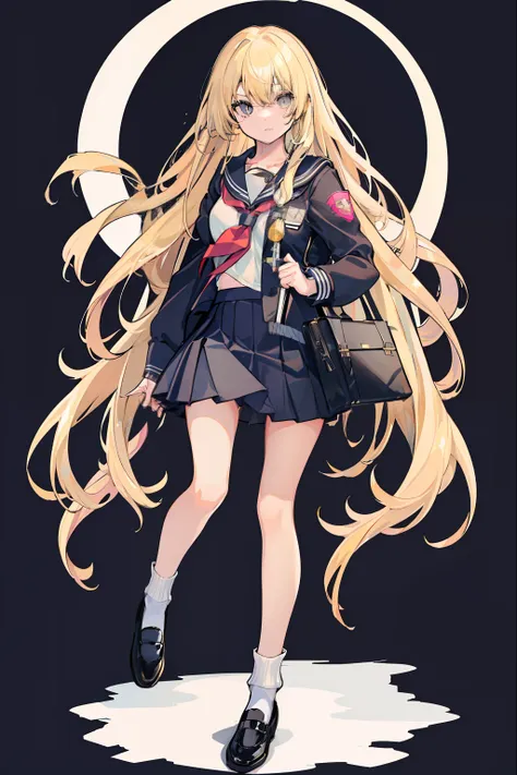 depiction of a young woman with long hair holding a briefcase, 1 girl, solo, marisa kirisame, school uniform, gohei, skirt, shoe...