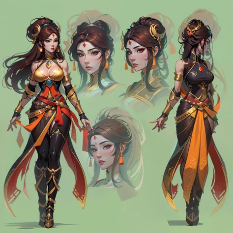 a close up of a strong amazon woman in her 30s, with red eyes and brown hair, wearing a black and red belly dancer attire, a heroine with red eyes, female mage with sun power, middle-eastern princess, standing in a middle-eastern temple, new costume concep...