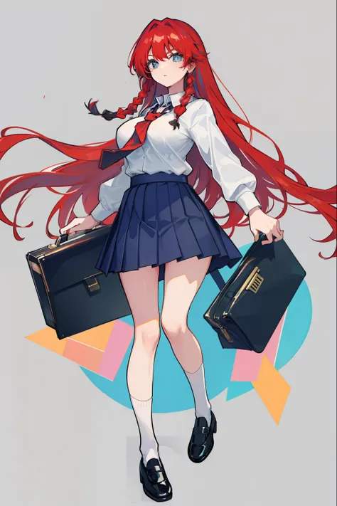 Depiction of a long-haired young woman with a briefcase, one girl, solo, Hong Meiling, school uniform, gohei, skirt, shoes, white school uniform, white polo shirt, blue tie, blue pleated skirt, socks, Mary Janes , School background, Alternate costume, Long...